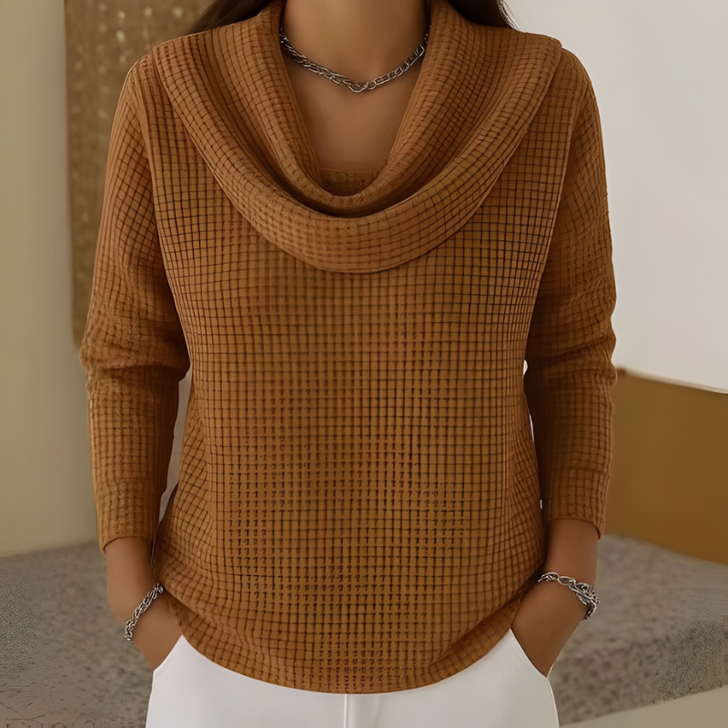 Thessaly | Women's Cowl Neck Waffle Knit Sweater - Teal - Image 3