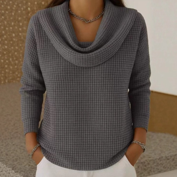 Thessaly | Women's Cowl Neck Waffle Knit Sweater - Teal - Image 4