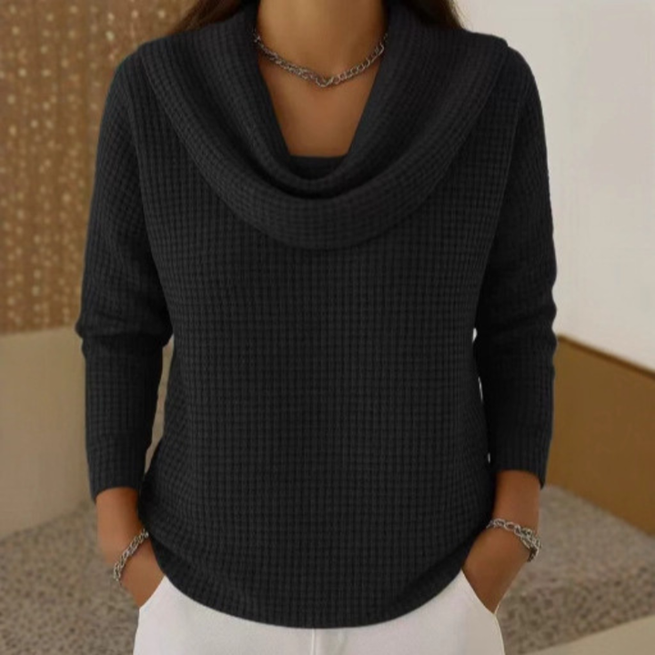 Thessaly | Women's Cowl Neck Waffle Knit Sweater - Teal - Image 5
