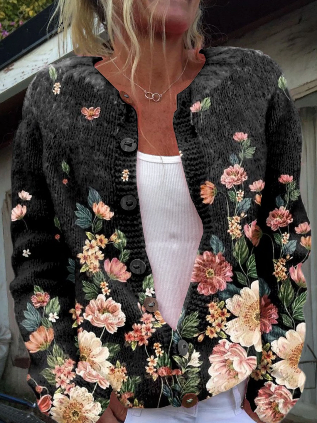 Thessaly | Women's Floral Print Button-Front Cardigan - Black - Image 1
