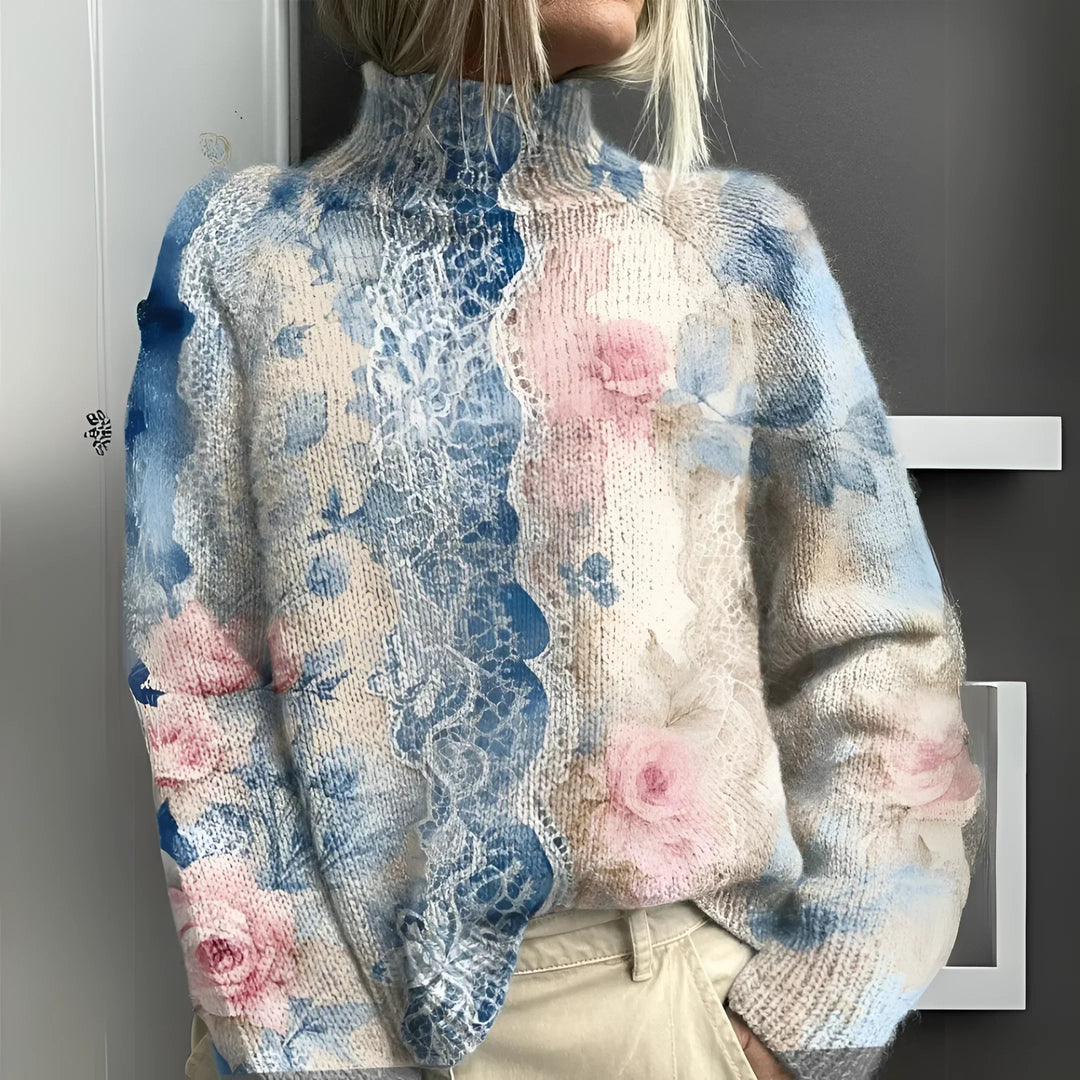 Thessaly | Women's Floral Print Turtleneck Sweater - Image 1