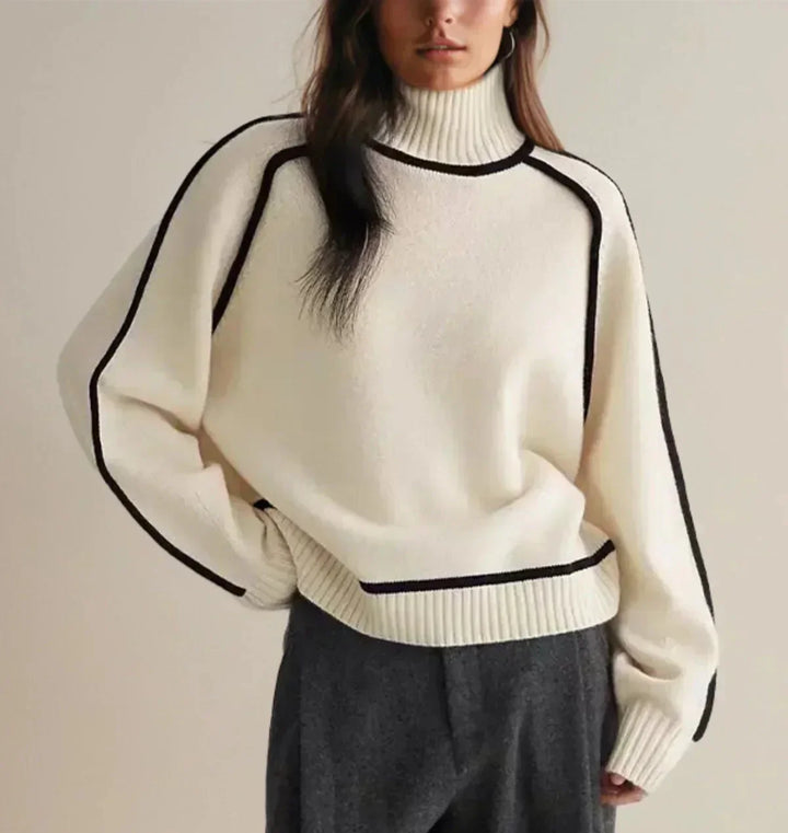 Thessaly | Women's Turtleneck Sweater with Contrast Piping - Cream - Image 1