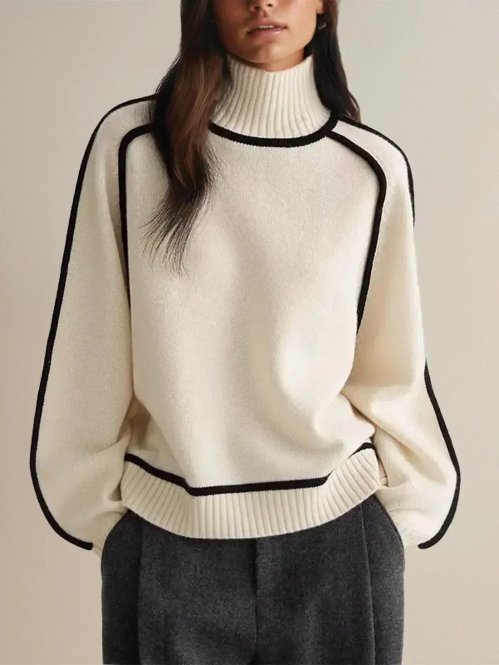 Thessaly | Women's Turtleneck Sweater with Contrast Piping - Cream - Image 2