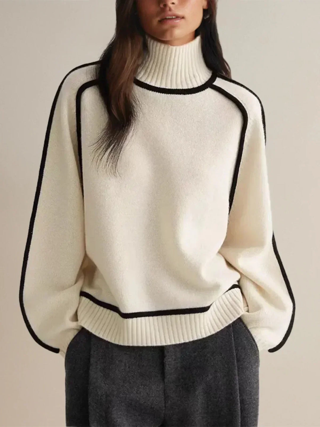 Thessaly | Women's Turtleneck Sweater with Contrast Piping - Cream - Image 2