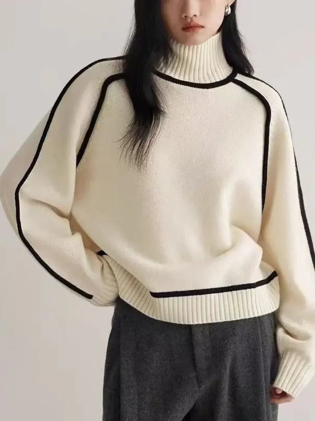Thessaly | Women's Turtleneck Sweater with Contrast Piping - Cream - Image 3