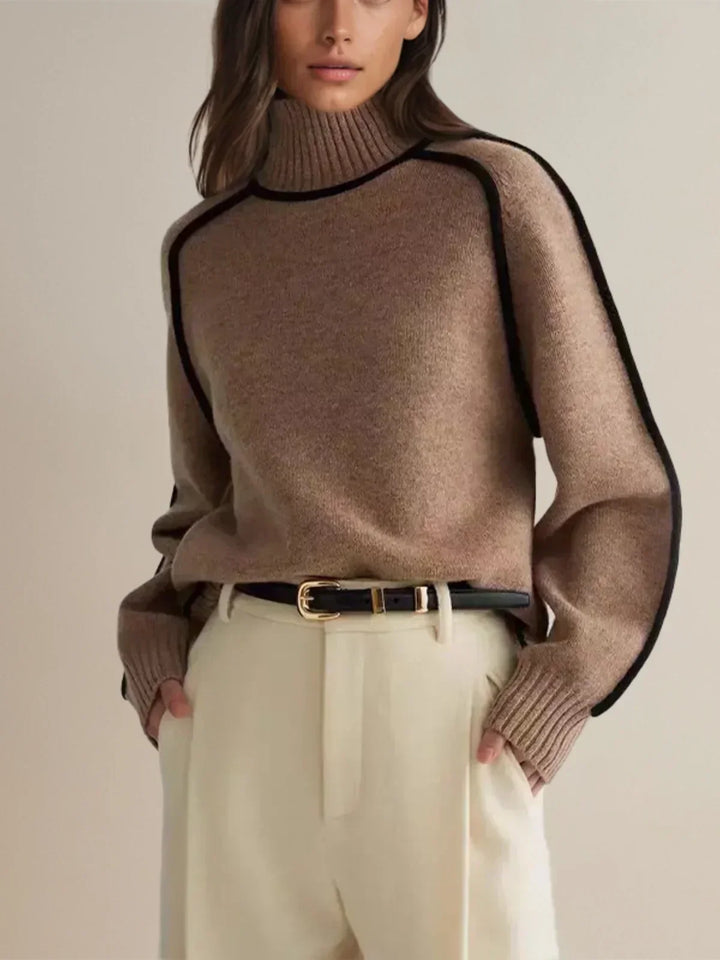 Thessaly | Women's Turtleneck Sweater with Contrast Piping - Cream - Image 4