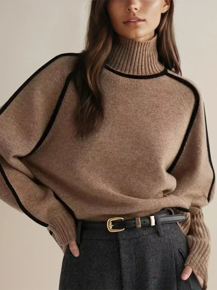 Thessaly | Women's Turtleneck Sweater with Contrast Piping - Cream - Image 5