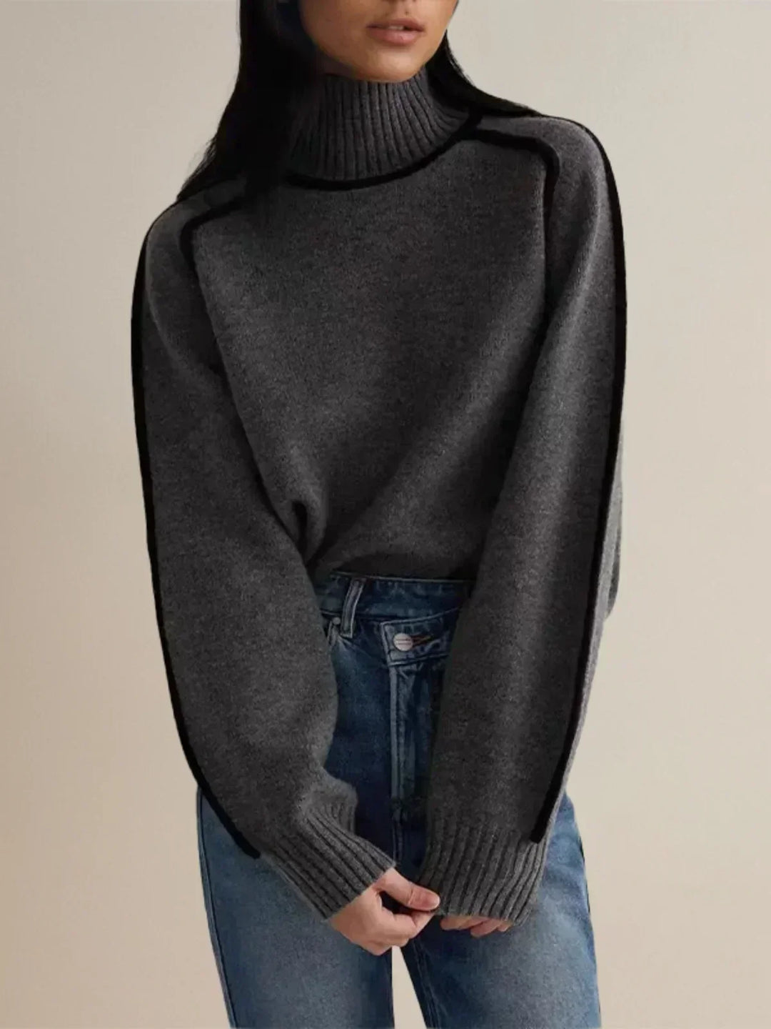 Thessaly | Women's Turtleneck Sweater with Contrast Piping - Cream - Image 8