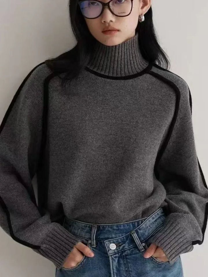 Thessaly | Women's Turtleneck Sweater with Contrast Piping - Cream - Image 9
