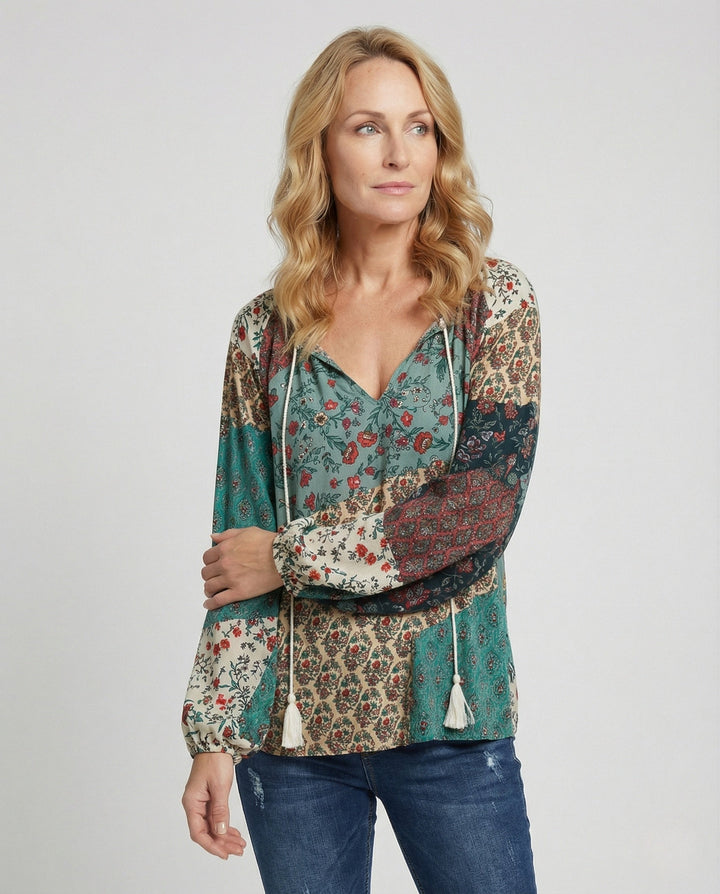 Tierney | Women's Boho Patchwork Long Sleeve Blouse - Image 1