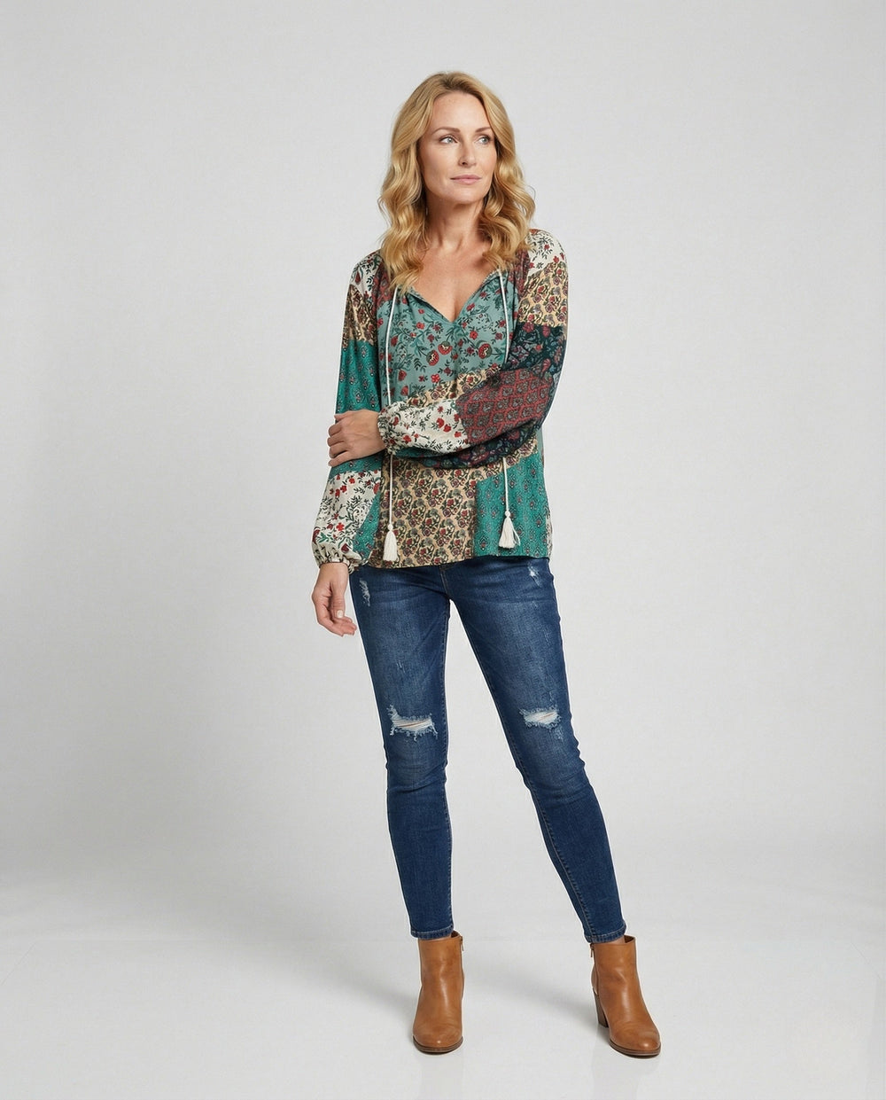 Tierney | Women's Boho Patchwork Long Sleeve Blouse - Image 2