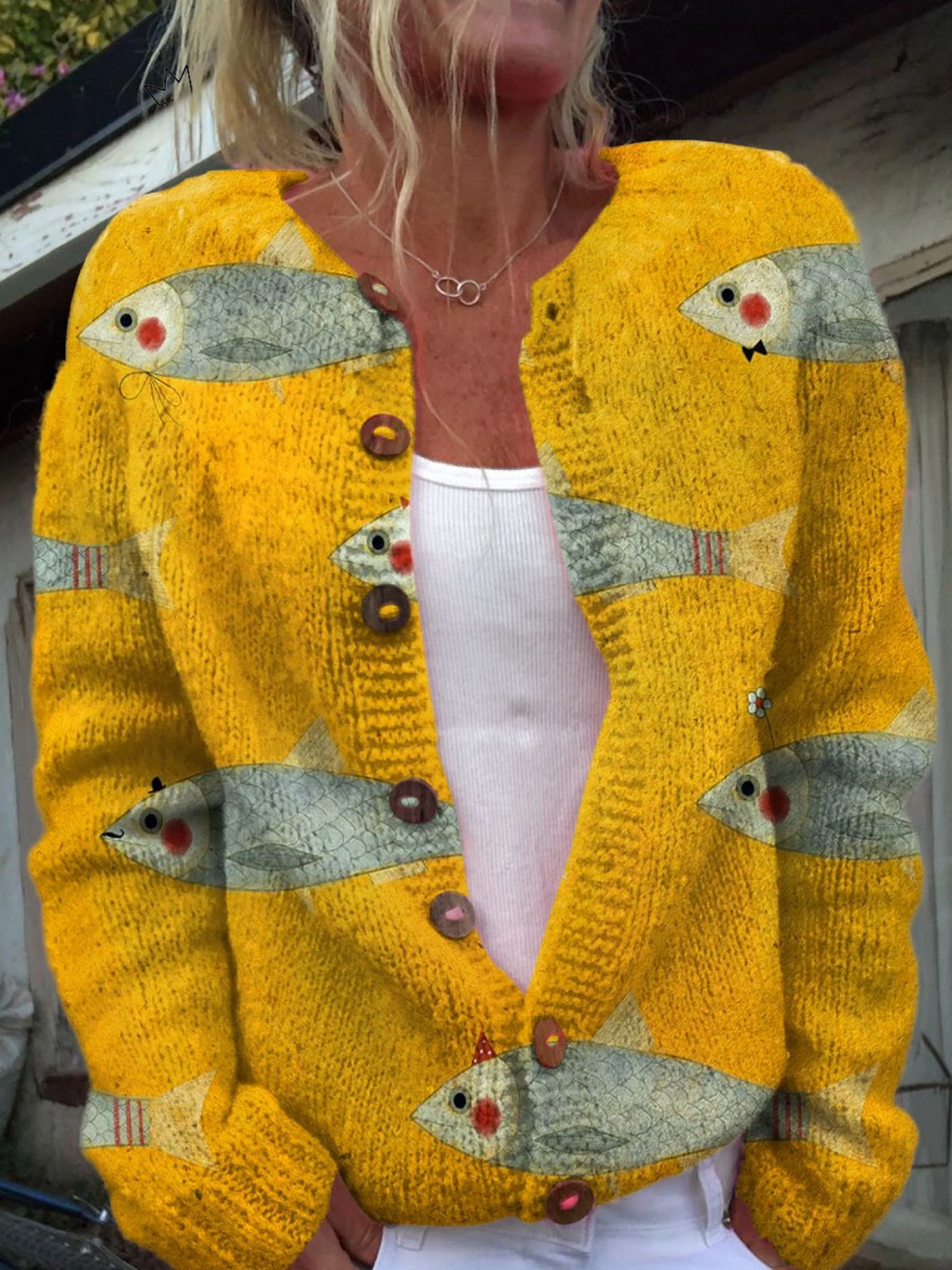 Tivaine | Women's Fish Print Cardigan Sweater - Yellow - Image 1
