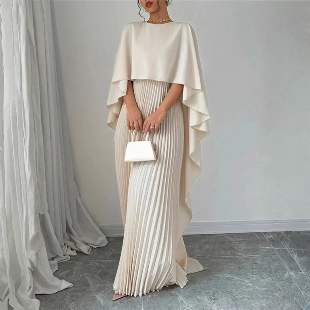 Tivona | Women's Cape Overlay Pleated Maxi Dress - Cream - Image 3