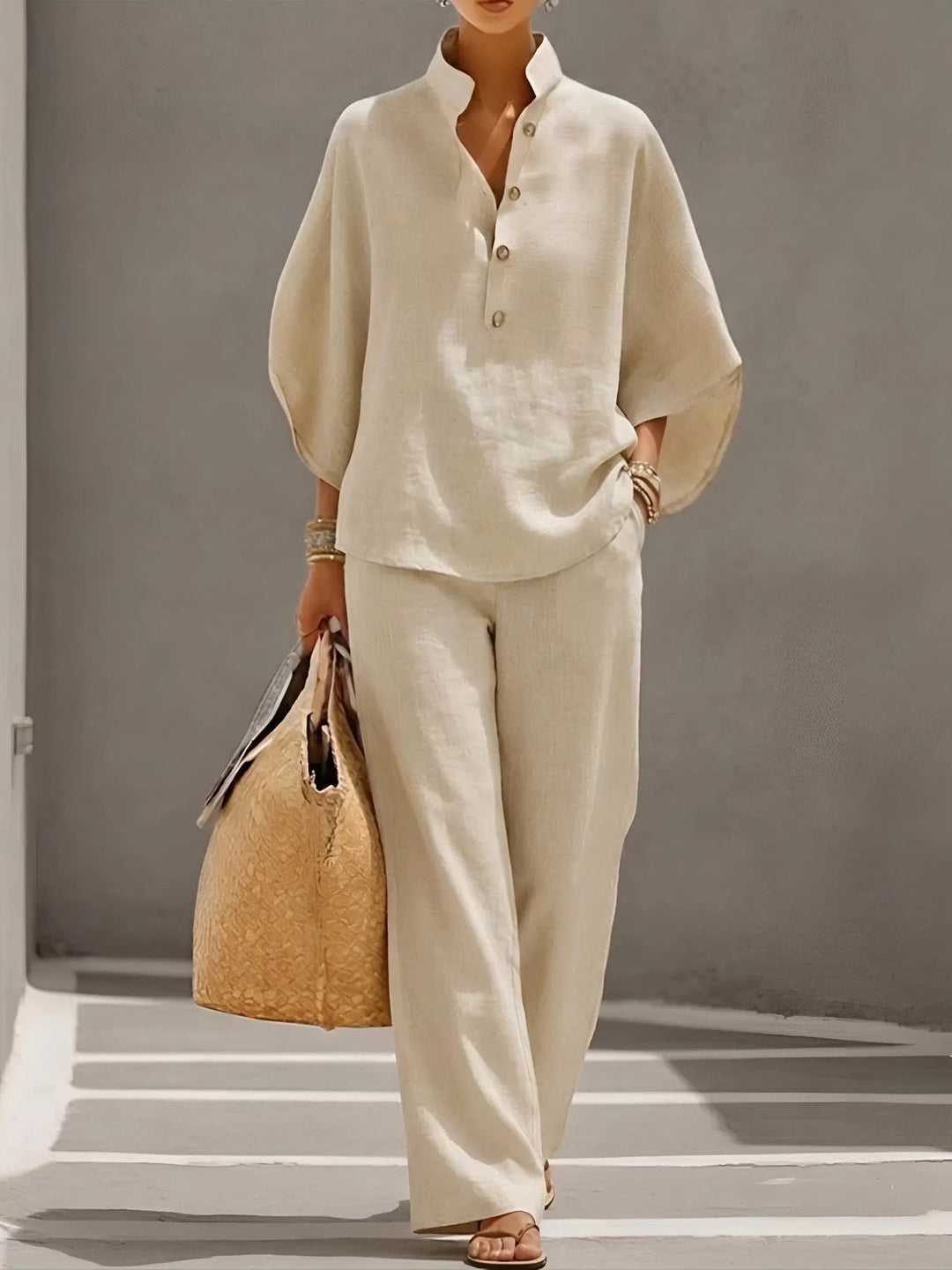 Valentina | Women's Button Up Wide Leg Set - Beige - Image 1