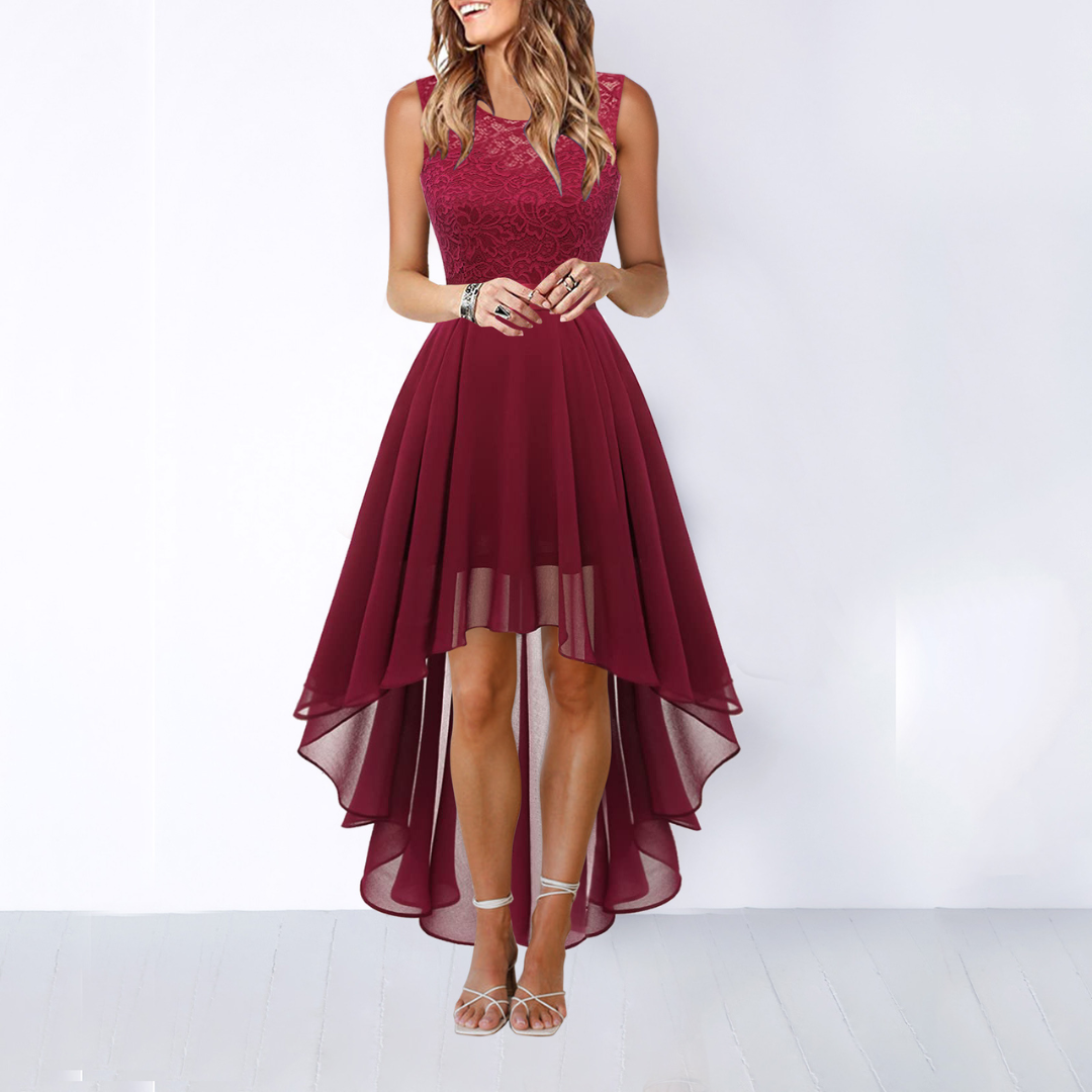Vanya | Women's Lace High Low Sleeveless Midi Dress - Burgundy - Image 4