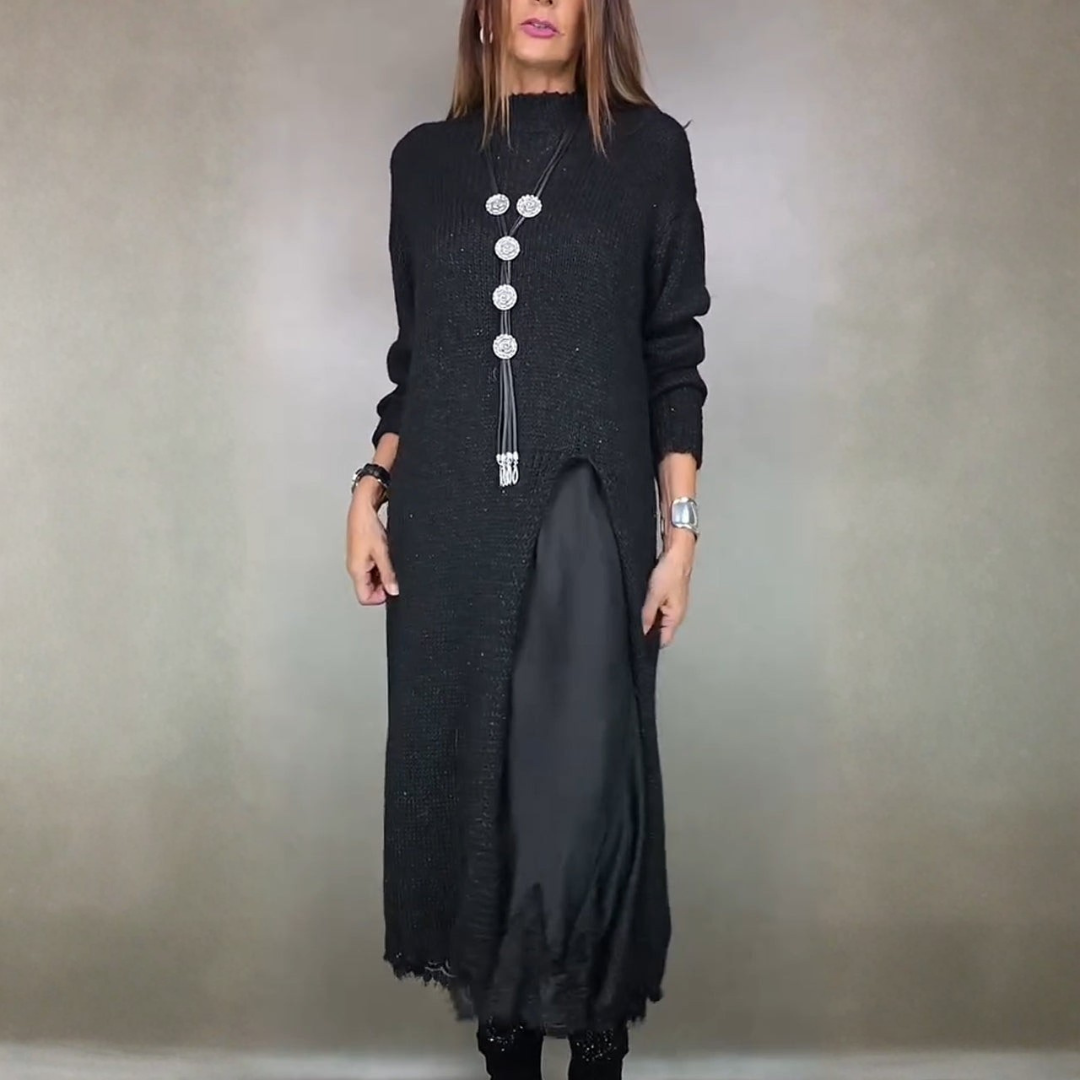 Vera | Women's Knit Sweater Dress Long Sleeve Midi - Black - Image 1
