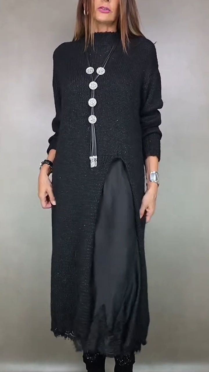 Vera | Women's Knit Sweater Dress Long Sleeve Midi - Black - Image 2