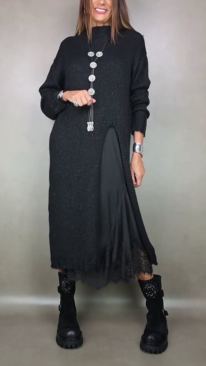 Vera | Women's Knit Sweater Dress Long Sleeve Midi - Black - Image 3