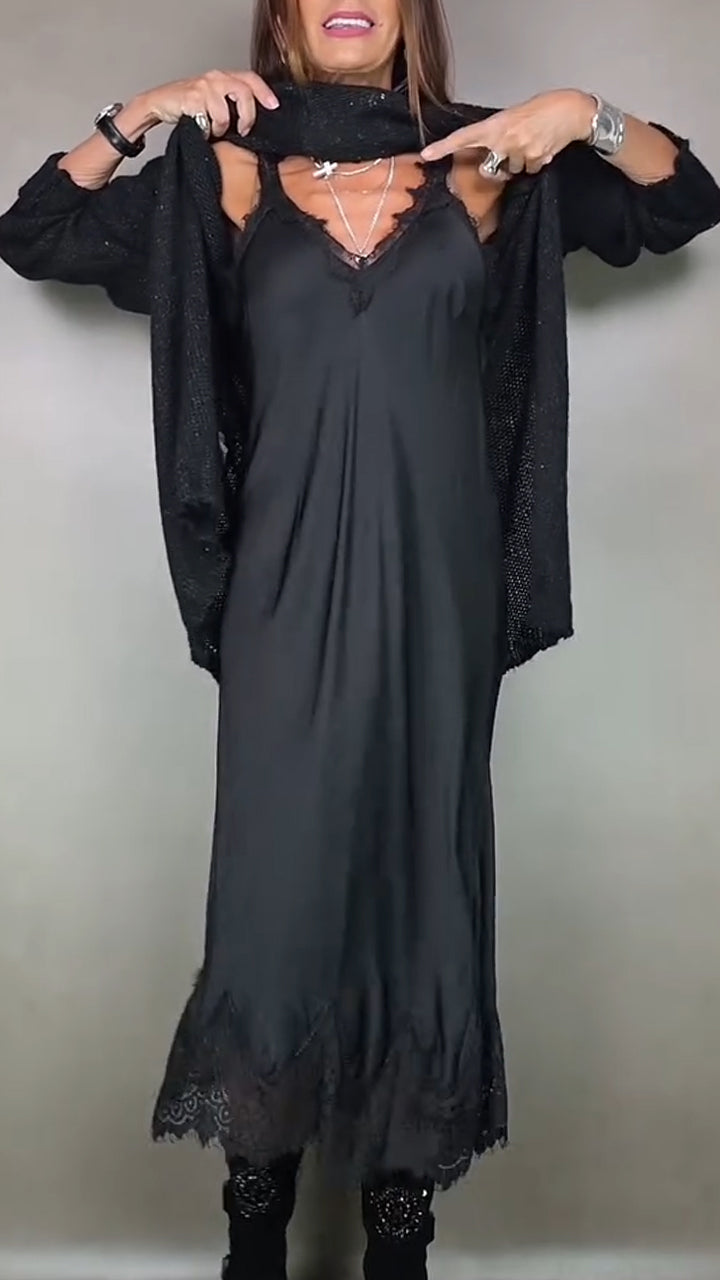 Vera | Women's Knit Sweater Dress Long Sleeve Midi - Black - Image 4