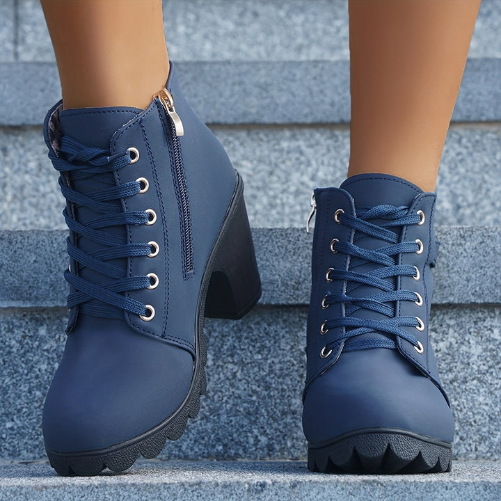 Vera | Women's Lace-Up Ankle Boot with Block Heel - Navy - Image 1