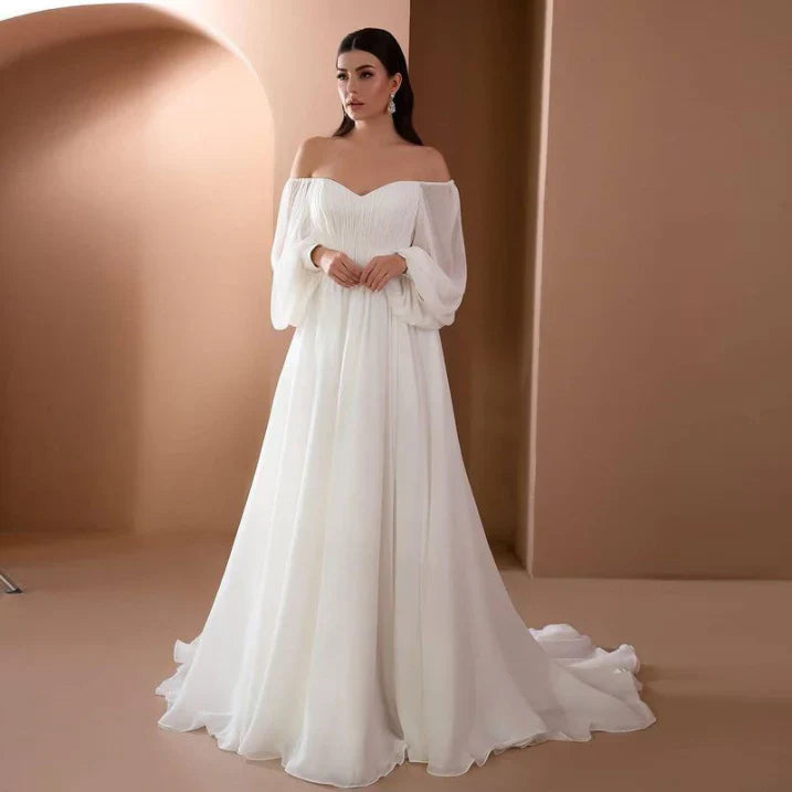 Veradine | Women's Off-Shoulder Long Sleeve Maxi Dress - White - Image 1