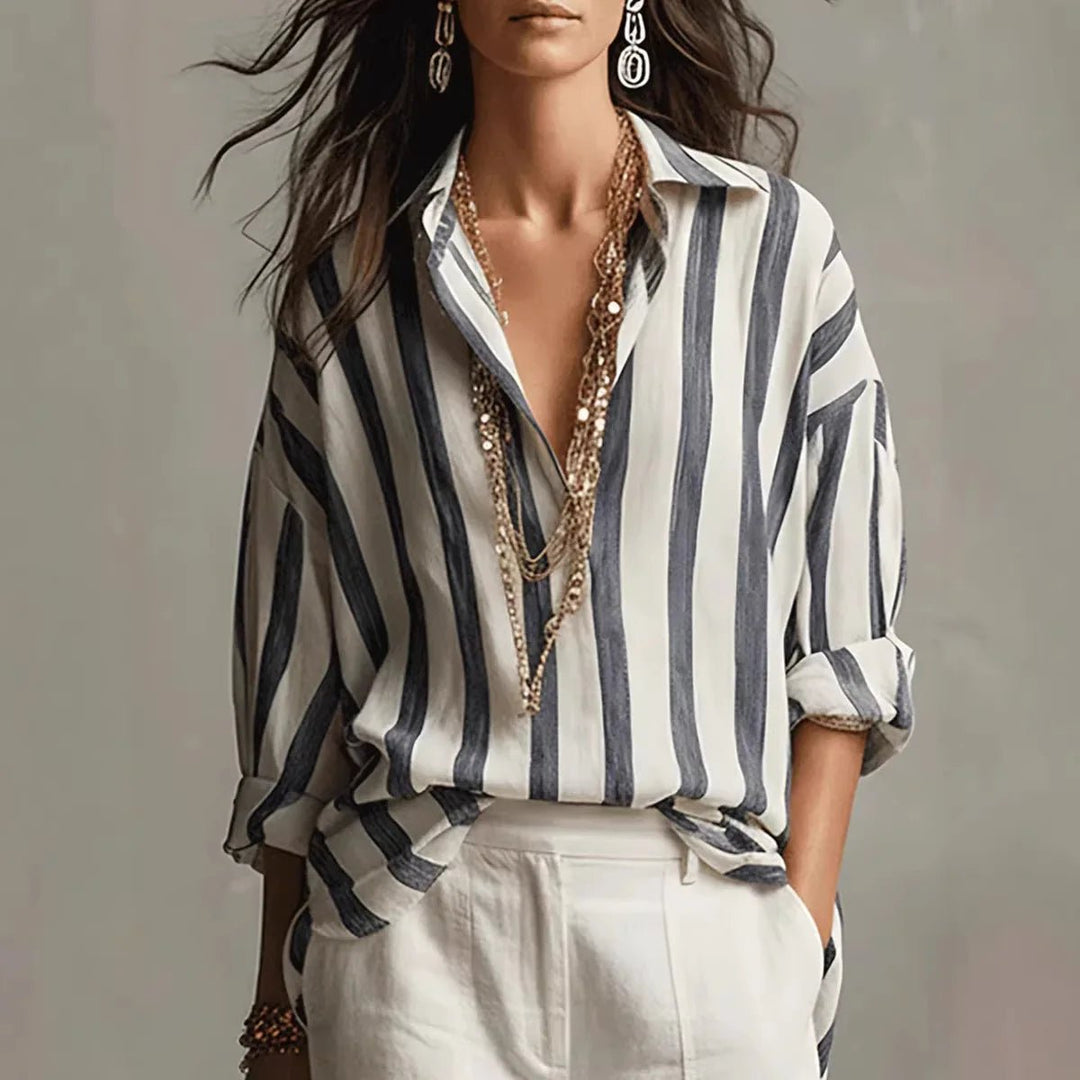 Veradis | Women's Striped Collared Long Sleeve Blouse - Striped - Image 1