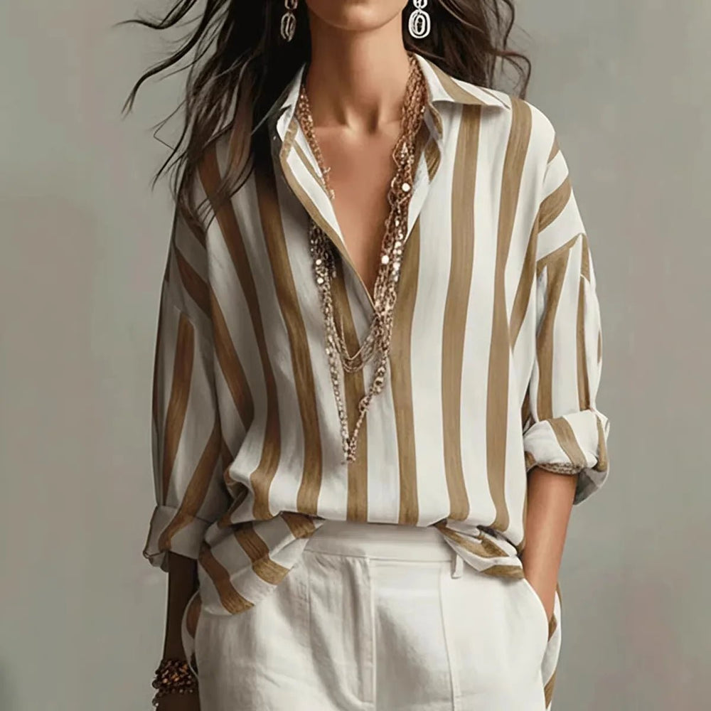 Veradis | Women's Striped Collared Long Sleeve Blouse - Striped - Image 2