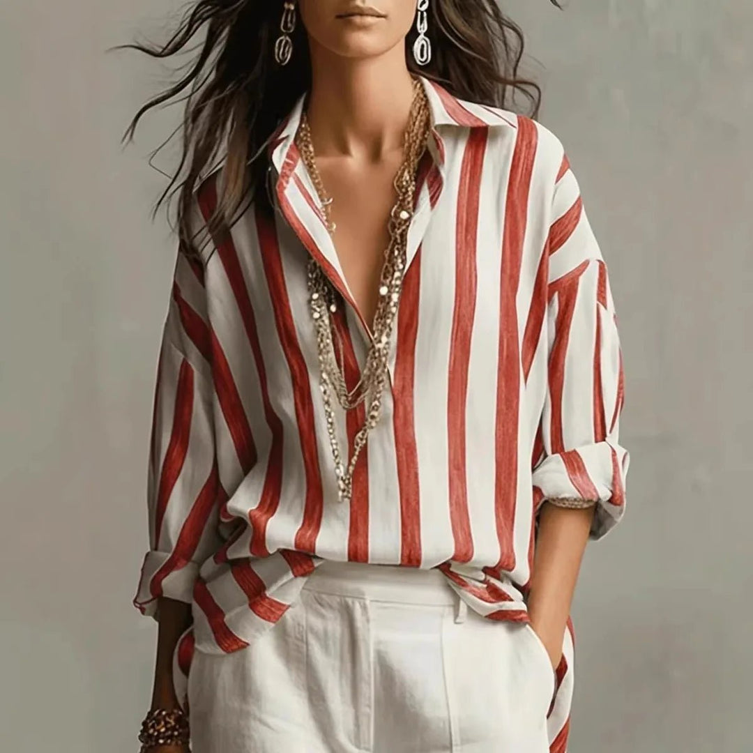 Veradis | Women's Striped Collared Long Sleeve Blouse - Striped - Image 3