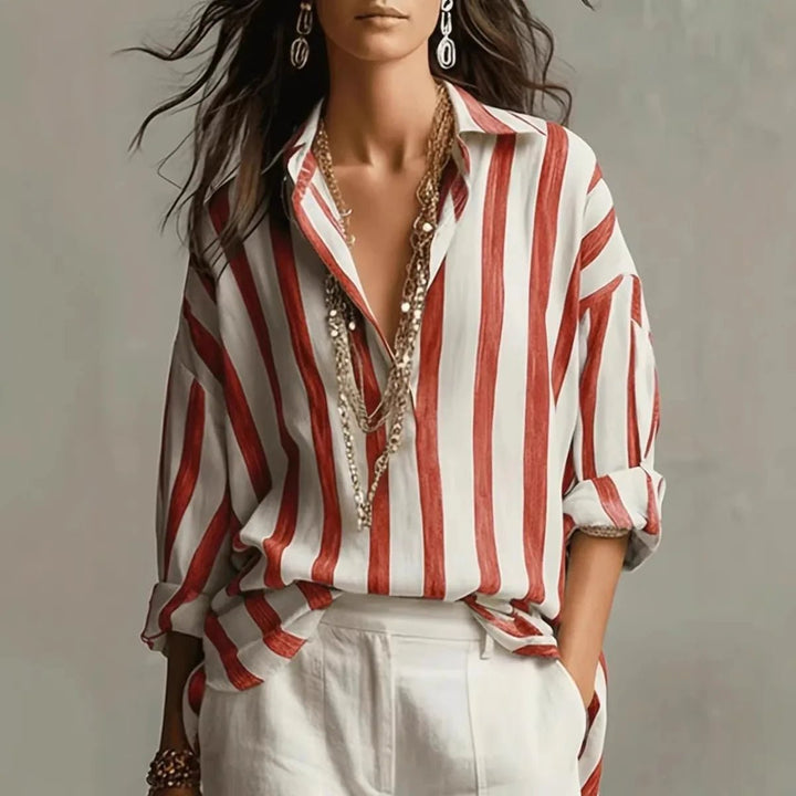 Veradis | Women's Striped Collared Long Sleeve Blouse - Striped - Image 3