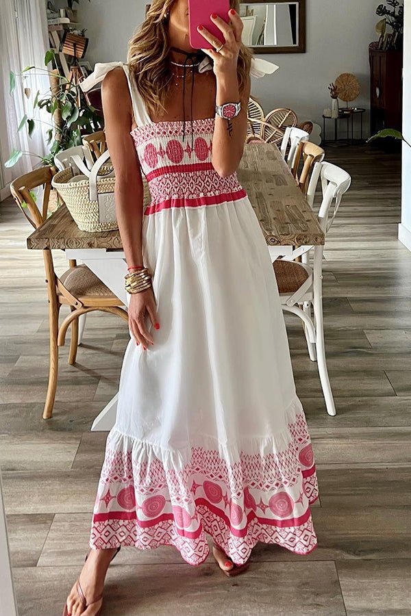 Verina | Women's Smocked Square Neck Boho Maxi Dress - White - Image 1