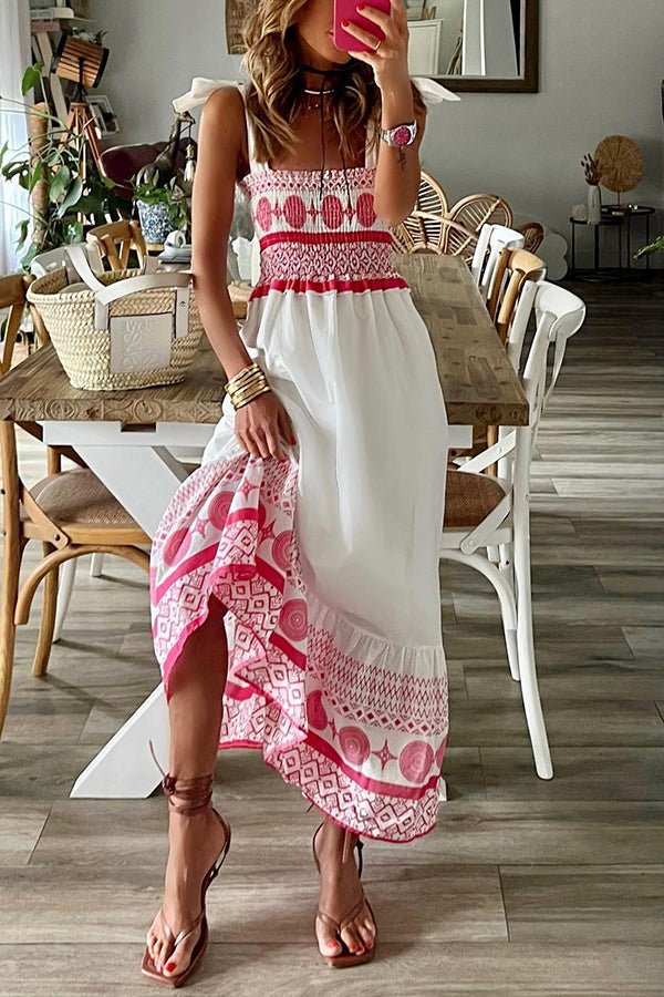 Verina | Women's Smocked Square Neck Boho Maxi Dress - White - Image 2