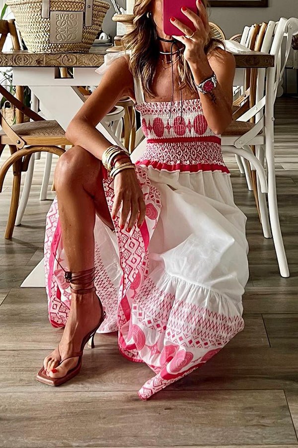 Verina | Women's Smocked Square Neck Boho Maxi Dress - White - Image 3