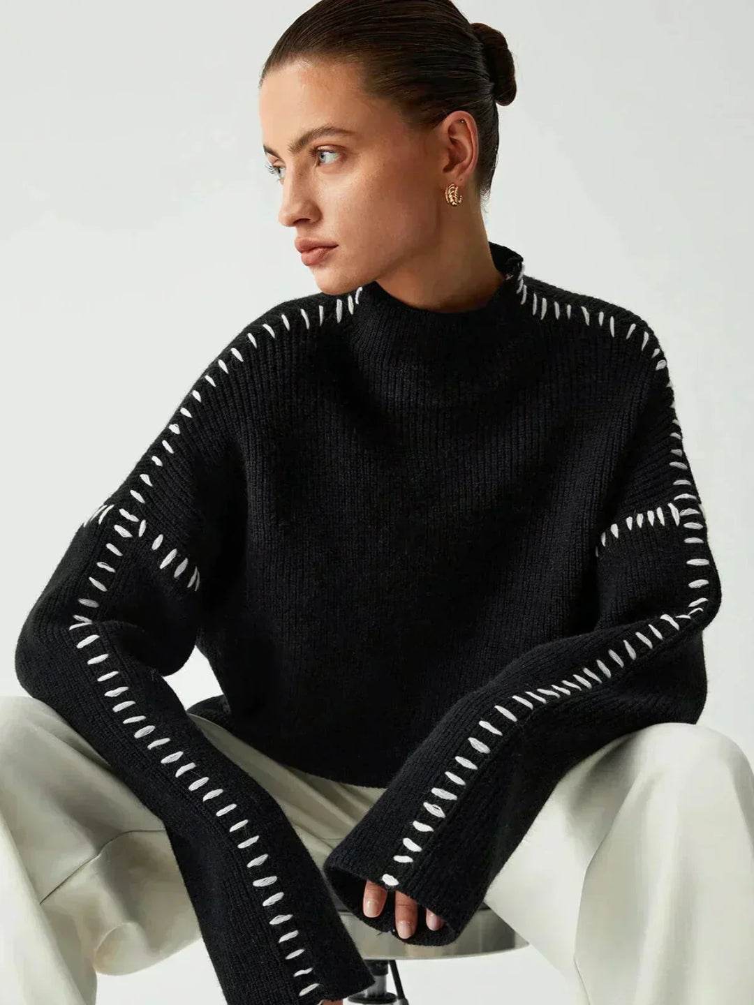 Verity | Women's Oversized Mock Neck Sweater - Black - Image 3