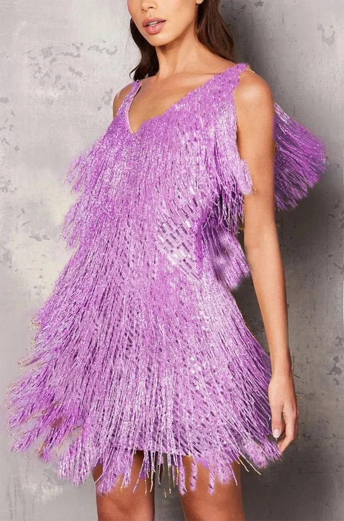 Vesper | Women's Sequin Fringe V-Neck Mini Dress - Lilac - Image 1