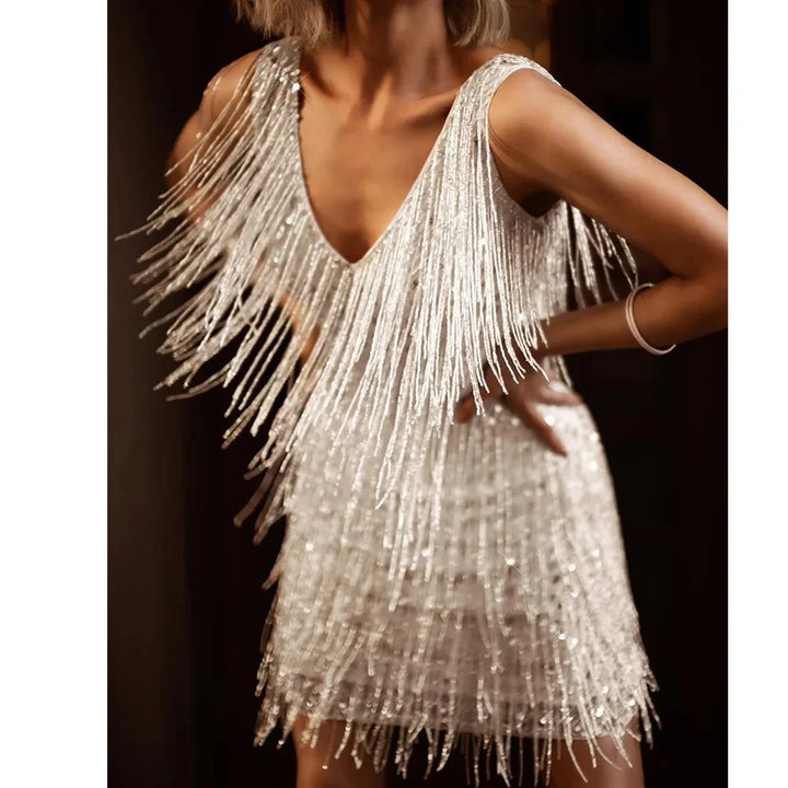 Vesper | Women's Sequin Fringe V-Neck Mini Dress - Lilac - Image 3