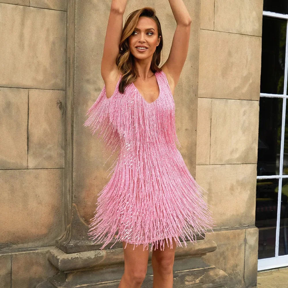 Vesper | Women's Sequin Fringe V-Neck Mini Dress - Lilac - Image 7