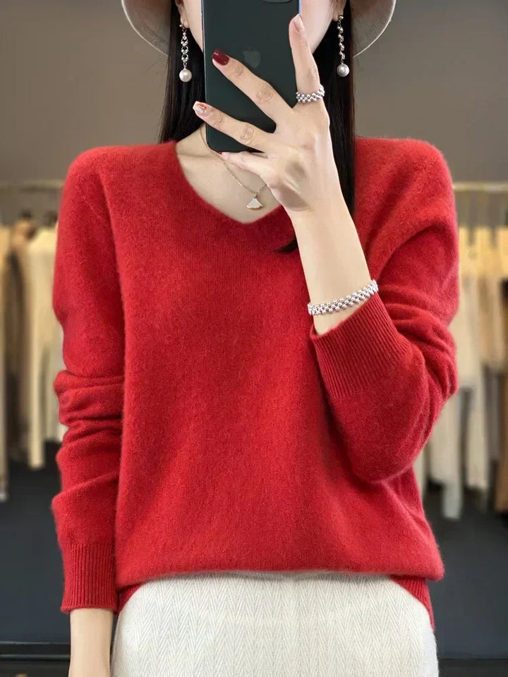 Vespera | Women's Relaxed Fit V-Neck Sweater - Green - Image 12