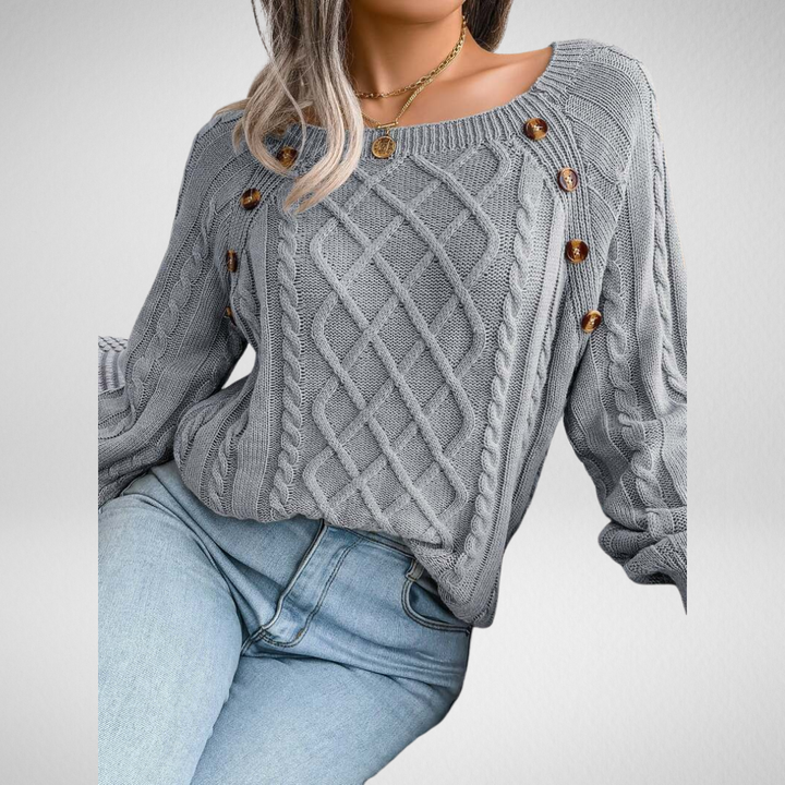 Vexara | Women's Cable Knit Button Detail Sweater - Grey - Image 1