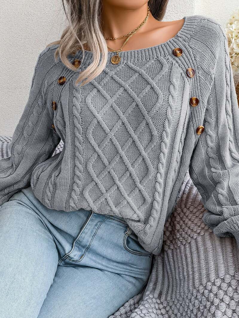 Vexara | Women's Cable Knit Button Detail Sweater - Grey - Image 2