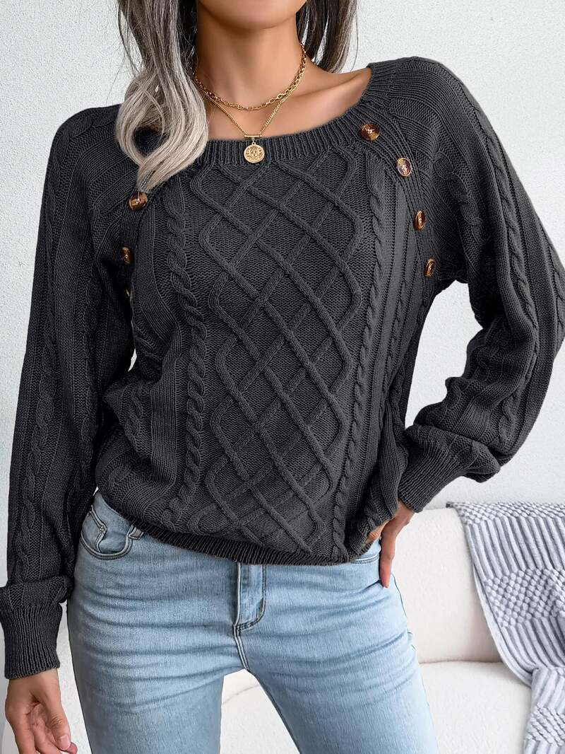 Vexara | Women's Cable Knit Button Detail Sweater - Grey - Image 3