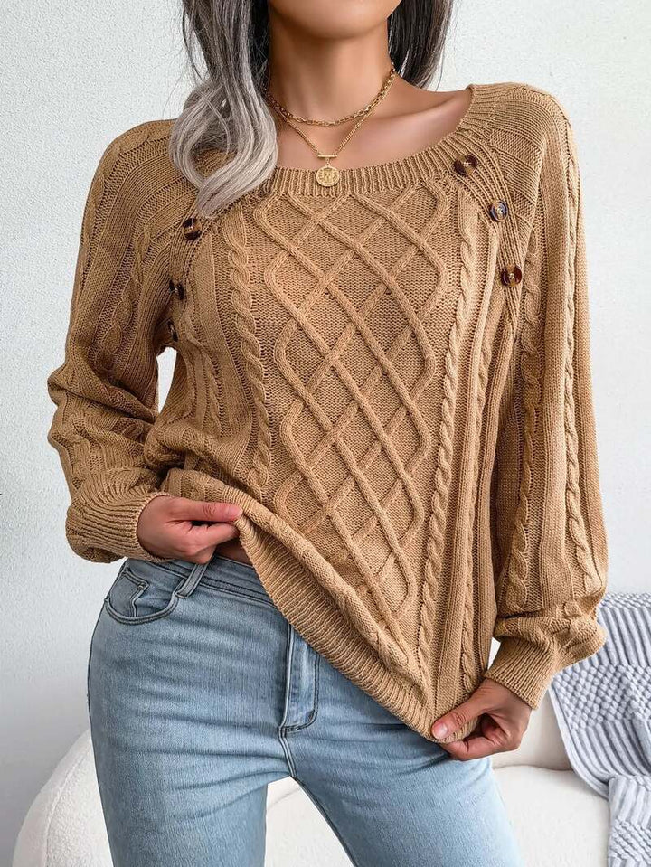 Vexara | Women's Cable Knit Button Detail Sweater - Grey - Image 4