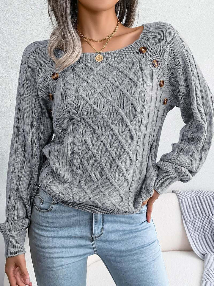 Vexara | Women's Cable Knit Button Detail Sweater - Grey - Image 6