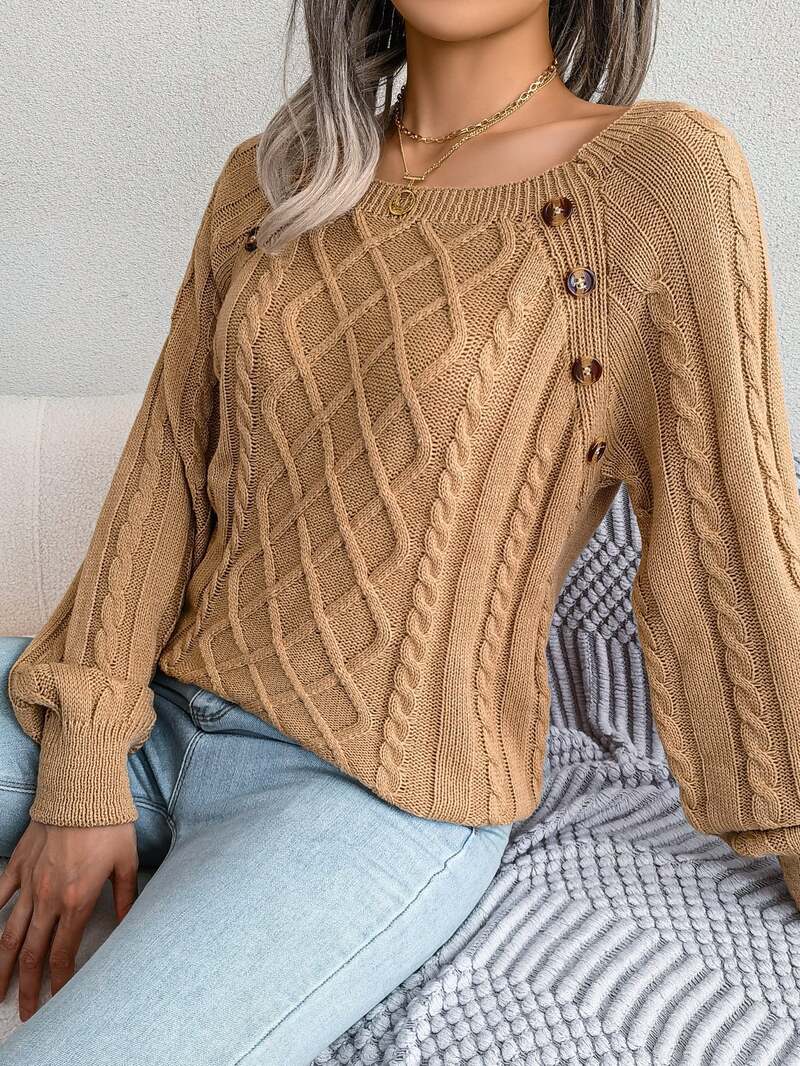 Vexara | Women's Cable Knit Button Detail Sweater - Grey - Image 7