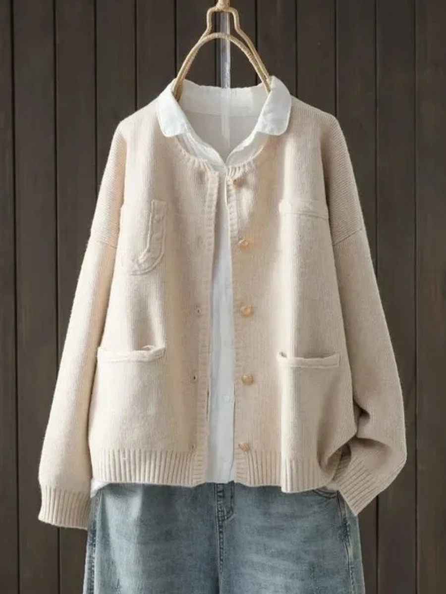 Vimala | Women's Relaxed Fit Knit Cardigan with Pockets - Cream - Image 1