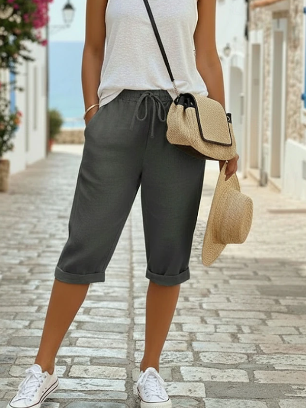 Waverly | Women's Drawstring Elastic Waist Capri Shorts - Dark Grey - Image 1