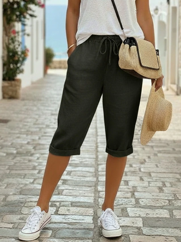 Waverly | Women's Drawstring Elastic Waist Capri Shorts - Dark Grey - Image 7