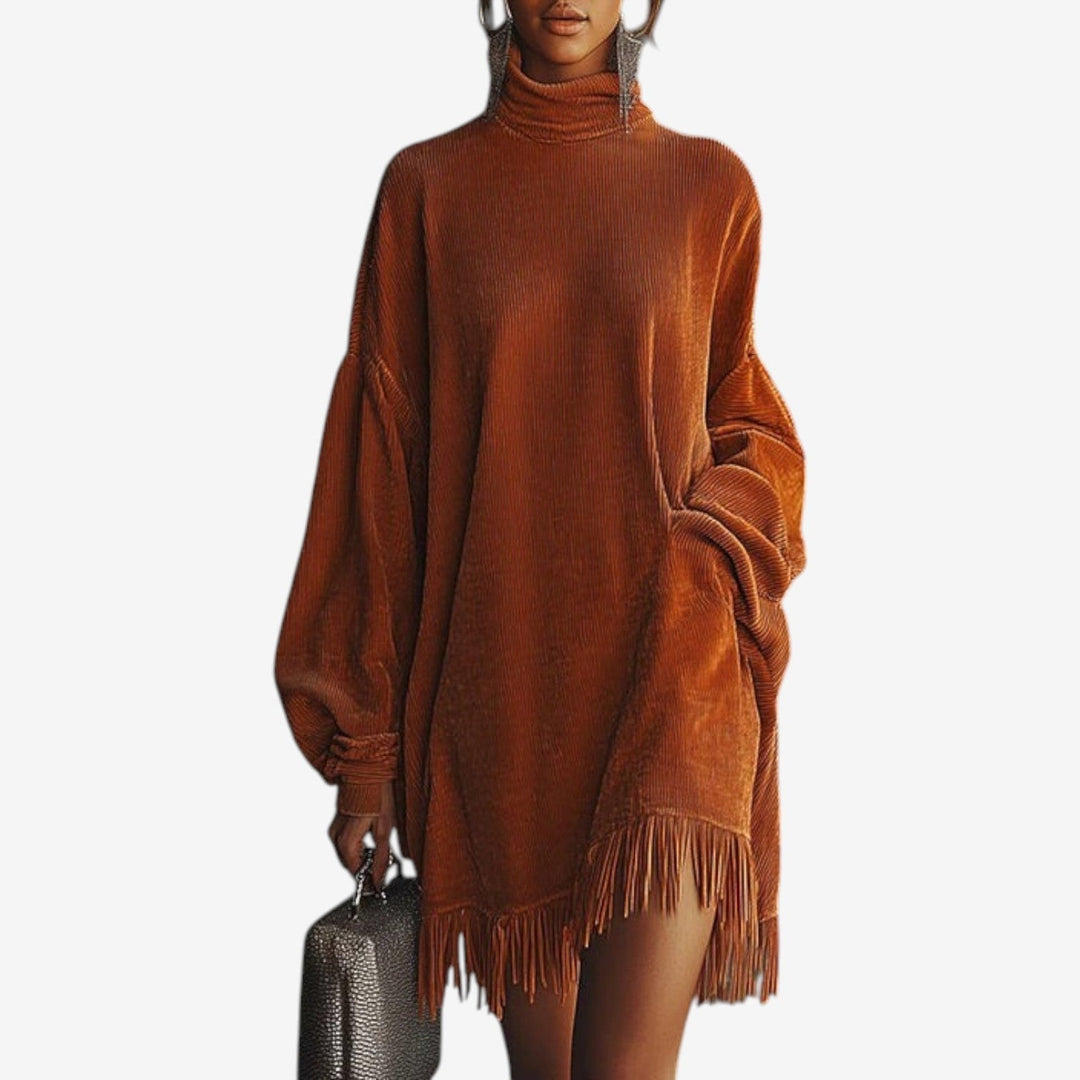 Waverly | Women's Knit Sweater Dress with Fringe - Orange - Image 1