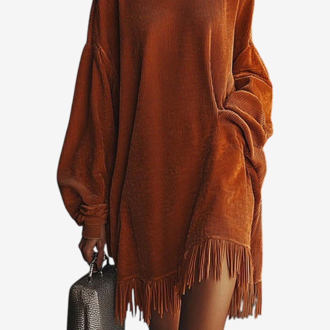 Waverly | Women's Knit Sweater Dress with Fringe - Orange - Image 3