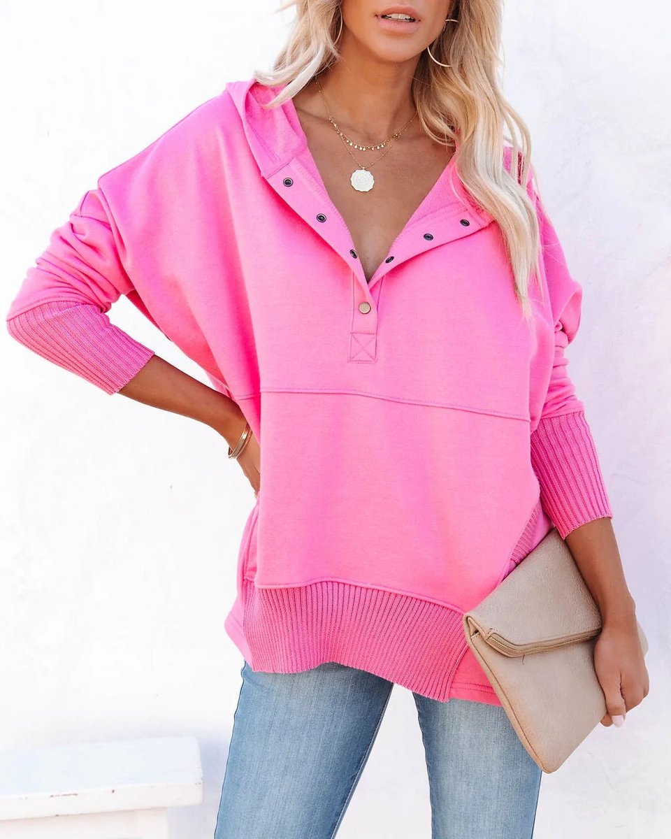 Waverly | Women's Oversized Henley Pullover Hoodie - White - Image 16