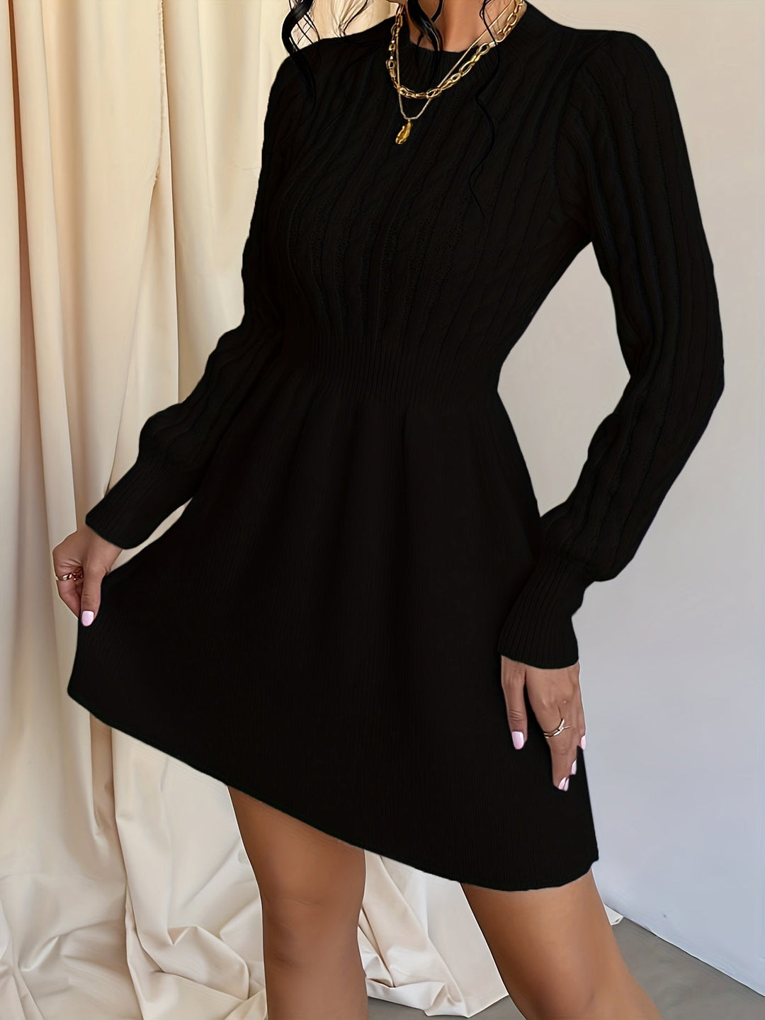 Wren | Women's Cable Knit Sweater Dress Mini A-Line - Cream - Image 2